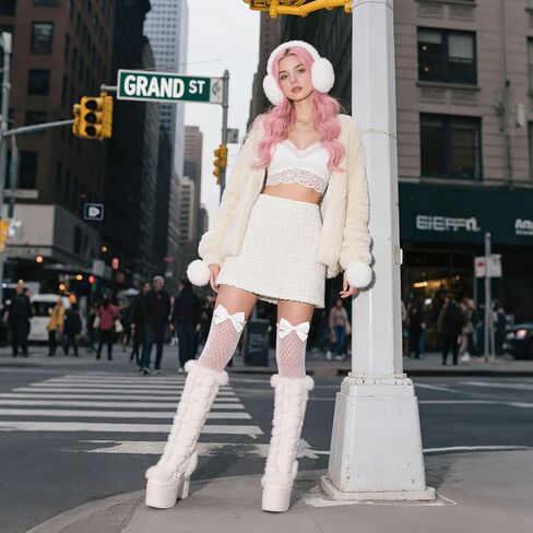 Accloris Fur Knee High Boots Furry Platform Chunky Heel Rave Boots | Furry Detail · 14.56" Shaft · 5.1" Chunky Heel · Side Zip · Faux Leather—Snow Punk Goth Boots, Pile Socks to Mini Skirts in Saudi Arabia