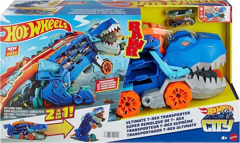 Hot Wheels City Toy Car Track Set, Ultimate T-Rex Transporter, Dinosaur Hauler for 20+ Vehicles, Semi Transforms into Dino with Lights & Sounds in Saudi Arabia