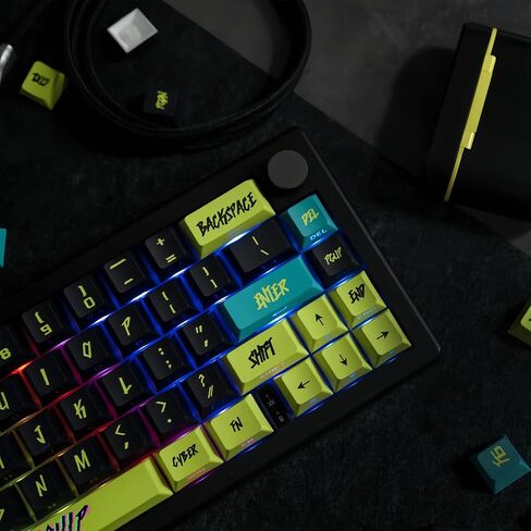 Keycaps - Cyberpunk Side Printed PBT Japanese Keycaps 130 Keys Dye Sub Cherry Profile Custom Keycaps Purple and Green Keycaps for Mechanical Keyboard (Cyberspace-Side Printed) in Saudi Arabia