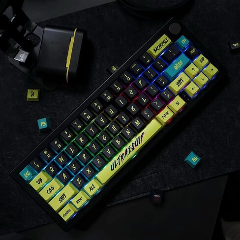 Keycaps - Cyberpunk Side Printed PBT Japanese Keycaps 130 Keys Dye Sub Cherry Profile Custom Keycaps Purple and Green Keycaps for Mechanical Keyboard (Cyberspace-Side Printed) in Saudi Arabia