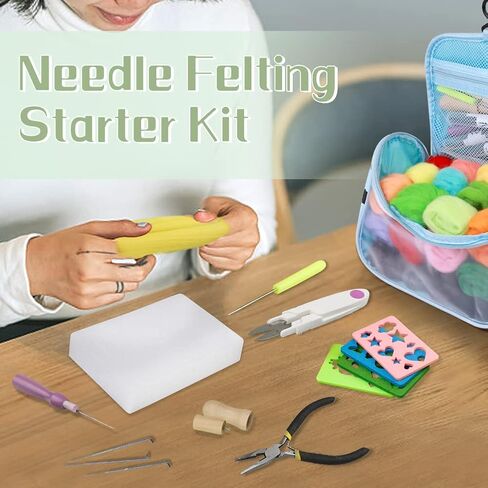 JUPEAN Needle Felting Kit, Wool Roving (5g/Color), Complete Needle Felting Starter Kit with Basic Felt Tools and Supplies Wool Fibre Spinning Craft Wet Felting Material for Beginners in Kuwait