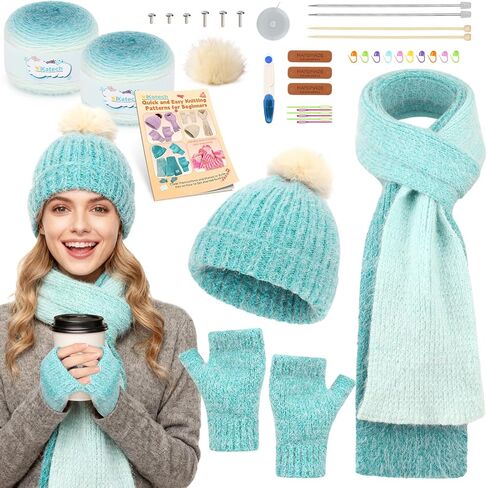 Katech Knitting Kit for Beginners Adults-Learn to Knit Kits for Adults Beginner Kids-Beginner Knitting Kit for Adults w/Step-by-Step Instruction-Complete Hat Scarf Gloves Knitting Starter Kit in Kuwait
