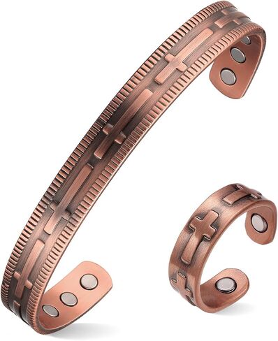 MagEnergy Copper Bracelet for Men and Women, 99.9% Solid Copper Magnetic Bracelets Adjustable Cuff Jewelry Gift Box(Cross Pattern) in Saudi Arabia