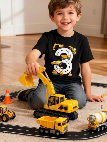 Boy 2-4 Year Birthday Shirt Cotton Construction Theme Party Short Sleeve T Shirts Excavator Top Tees in Saudi Arabia