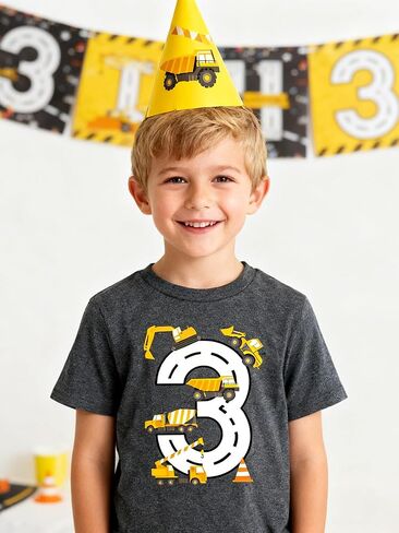 Boy 2-4 Year Birthday Shirt Cotton Construction Theme Party Short Sleeve T Shirts Excavator Top Tees in Saudi Arabia