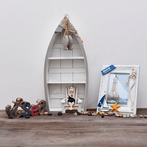 Beach Theme Display Boat with 3 Shelves, White Nautical Standing Boat Shelf Decor, Miniature Boat Model, Decorative Boat (M) in Kuwait