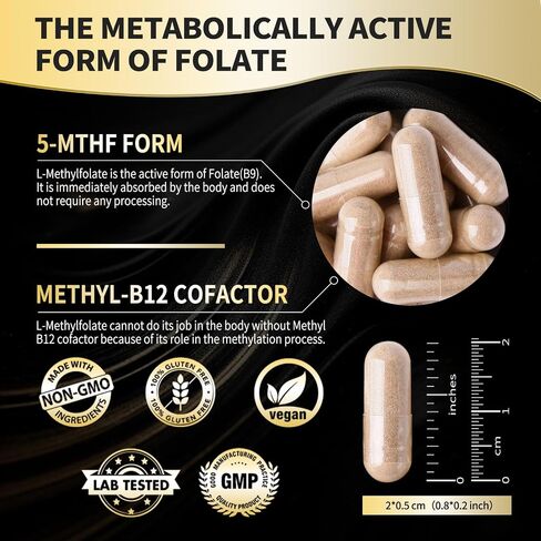 L Methylfolate 15mg Plus Methyl B12 Supplement Active 5-MTHF Form Made in USA Methylfolate High Absorption L Methyl Folate Third Party Tested (120 Vegan Capsules) in Saudi Arabia