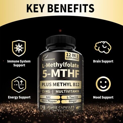 L Methylfolate 15mg Plus Methyl B12 Supplement Active 5-MTHF Form Made in USA Methylfolate High Absorption L Methyl Folate Third Party Tested (120 Vegan Capsules) in Saudi Arabia