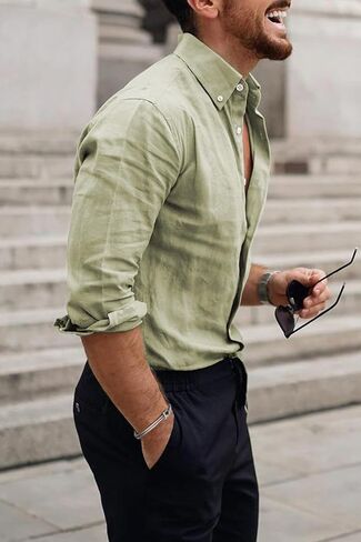 JMIERR Mens Cotton Linen Casual Stylish Button Down Shirt Long Sleeve Dress Shirts in Saudi Arabia