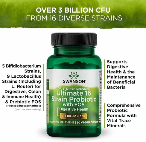 صيغة Swanson Dr. Stephen Langer - بروبيوتيك طبيعي مع FOS prebiotic - مكملات مكملات 16 -الضالة التي تعزز الدعم الهضمي مع 3.2 مليار CFU للفرد - (60 كبسولات الخضروات) (2 حزمة) in Saudi Arabia