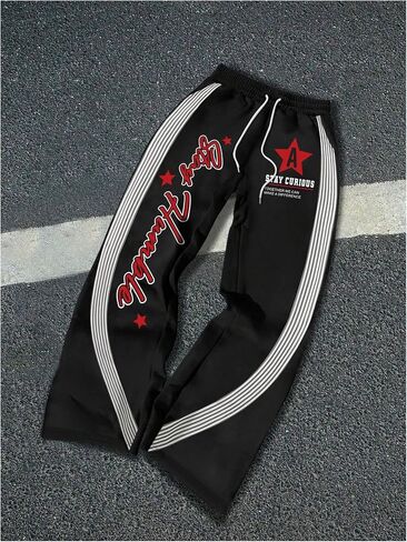Men's Graphic Print Flared Leg Sweatpants Striped Drawstring Bell Bottom Pants in Saudi Arabia