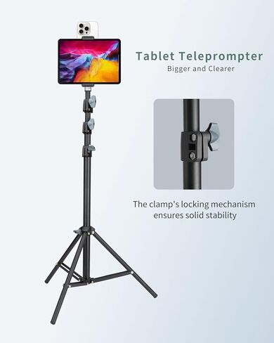 حامل شاشة TELEPROMPTER الكبيرة للجهاز اللوحي/الهاتف مع ترايبود قابل للتمديد ، وتصميم مزدوج المشبك مع مشابك 3 طرازات قابلة للتبديل. مثالي للمؤتمر المباشر/التسجيل/الفيديو in Kuwait