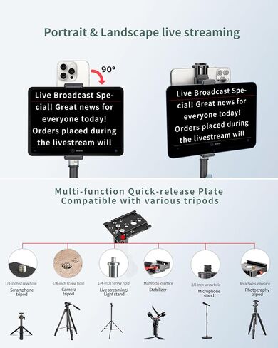 حامل شاشة TELEPROMPTER الكبيرة للجهاز اللوحي/الهاتف مع ترايبود قابل للتمديد ، وتصميم مزدوج المشبك مع مشابك 3 طرازات قابلة للتبديل. مثالي للمؤتمر المباشر/التسجيل/الفيديو in Kuwait
