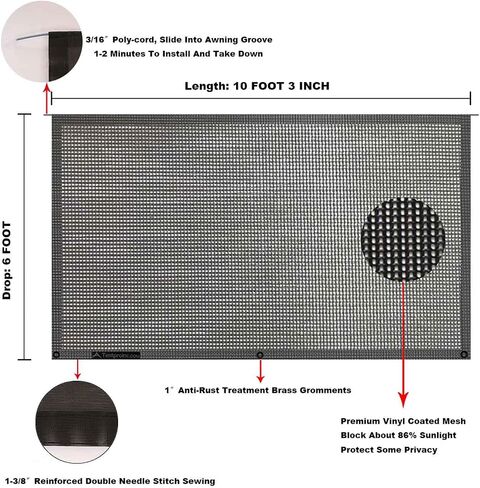 شاشة Tentproinc RV Awning Sun Shade Screen مقاس 8 × 18 بوصة 3 بوصة (مناسبة لمظلة مقاس 19 بوصة) مجموعة كاملة من مظلة الشمس الشبكية لمنزل متنقل للتخييم وواقي من الشمس وحاجب للأشعة فوق البنفسجية - ضمان لمدة 3 سنوات (أسود) in Saudi Arabia