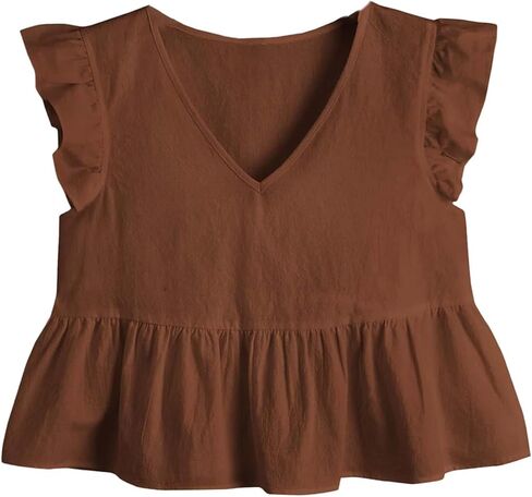 Oyoangle Women's V Neck Reck Cap Sleeve Plouse Cute Hemled Hem Babydoll Peplum Tops in Kuwait