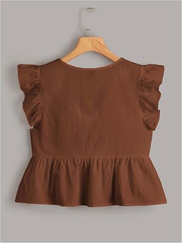 Oyoangle Women's V Neck Reck Cap Sleeve Plouse Cute Hemled Hem Babydoll Peplum Tops in Kuwait