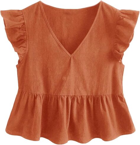 Oyoangle Women's V Neck Reck Cap Sleeve Plouse Cute Hemled Hem Babydoll Peplum Tops in Kuwait
