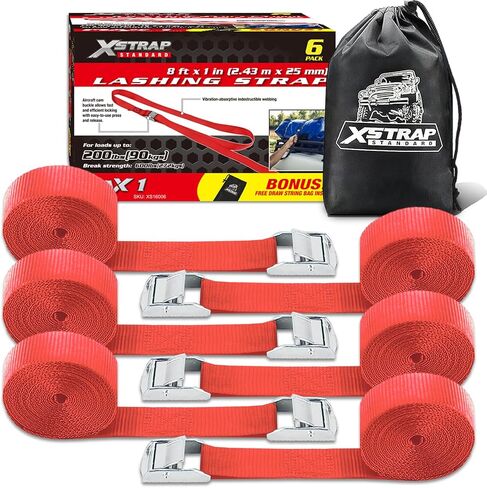 XSTRAP Standard Cam Lock Buckle 6pk 8ft 8ft PowerSports Tie-Roys Black Lashing Straps ، يأتي مع حقيبة رباط ، لتأمين الشحن ، الأمتعة ، قوارب الكاياك in Kuwait