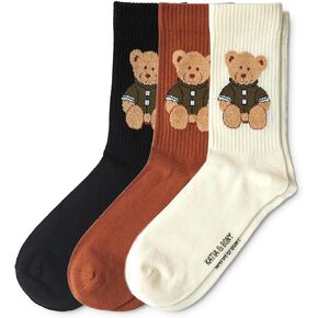Cute Teddy Bear Crew Socks for Women and Men - Cozy Thick Winter Socks - Soft Breathable Cotton - 4 Pairs Set - Black Rust Cream Olive Colors - Comfortable Casual Warm Gift Idea for Christmas in Saudi Arabia