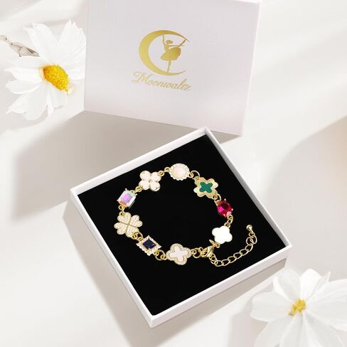 Gold Clover Charm Link Bracelet for Women Cute Colorful Geometric Diamond Mother of Pearl Lucky Four Leaf Clover Bracelet Enamel Crystal Rhinestone Statement Bracelet Adjustable Party Jewelry Gift in Saudi Arabia