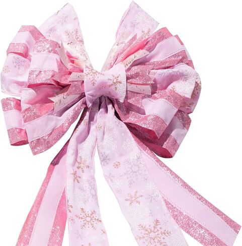Christmas Tree Topper Bow Flower, Glitter Mesh Ribbon Patterns and Cute Flower Design, 50 X 12 Inch Christmas Handmade Bow for Home, Wedding, Birthday Party, Indoor Outdoor Holiday Decor (Sliver) in Saudi Arabia