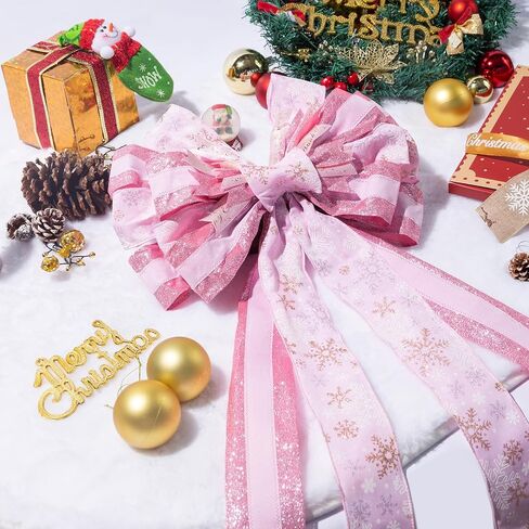 Christmas Tree Topper Bow Flower, Glitter Mesh Ribbon Patterns and Cute Flower Design, 50 X 12 Inch Christmas Handmade Bow for Home, Wedding, Birthday Party, Indoor Outdoor Holiday Decor (Sliver) in Saudi Arabia