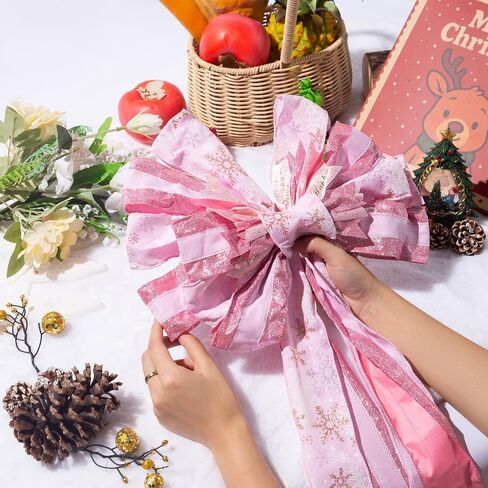 Christmas Tree Topper Bow Flower, Glitter Mesh Ribbon Patterns and Cute Flower Design, 50 X 12 Inch Christmas Handmade Bow for Home, Wedding, Birthday Party, Indoor Outdoor Holiday Decor (Sliver) in Saudi Arabia