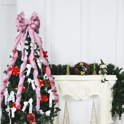 Christmas Tree Topper Bow Flower, Glitter Mesh Ribbon Patterns and Cute Flower Design, 50 X 12 Inch Christmas Handmade Bow for Home, Wedding, Birthday Party, Indoor Outdoor Holiday Decor (Sliver) in Saudi Arabia