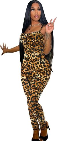 Mandonce Sexy Jumpsuit For Women Sleeveless Off The Shoulder Halter Leopard Print Hight Waist Jumpsuit Trendy in Kuwait