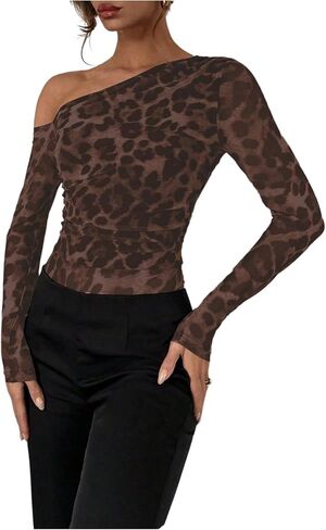 WDIRARA Women's Leopard One Shoulder Bodysuit Ruched Long Sleeve Leotard Top in Saudi Arabia