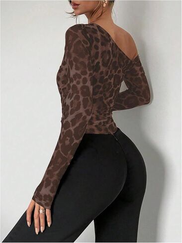 WDIRARA Women's Leopard One Shoulder Bodysuit Ruched Long Sleeve Leotard Top in Saudi Arabia