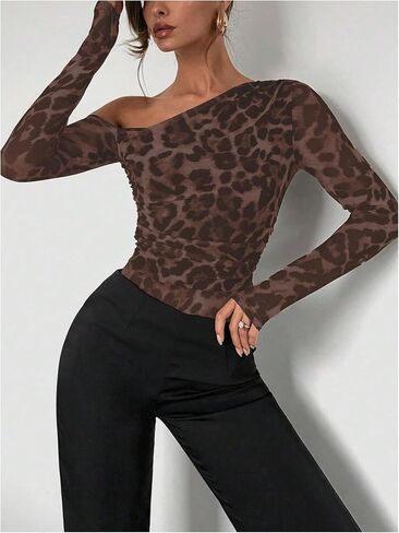 WDIRARA Women's Leopard One Shoulder Bodysuit Ruched Long Sleeve Leotard Top in Saudi Arabia