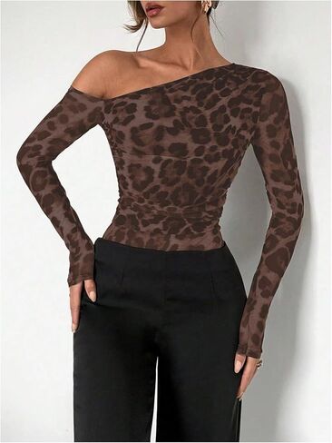 WDIRARA Women's Leopard One Shoulder Bodysuit Ruched Long Sleeve Leotard Top in Saudi Arabia