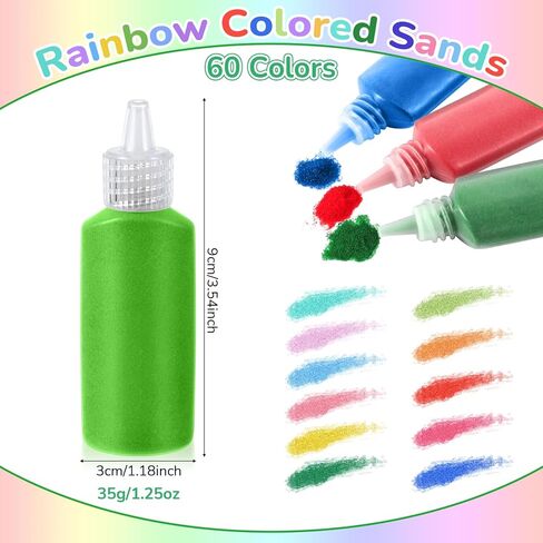 Wettarn 60 Pcs 1.25 oz Sand Art Bottle Kits 60 Colors of Sand Art Rangoli Colors for Painting DIY Drawing Favor Diwali Wedding Decoration Vase Glass Crafty Collection in Kuwait