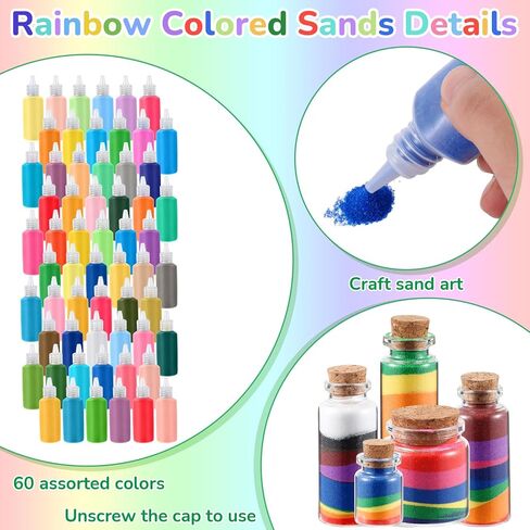 Wettarn 60 Pcs 1.25 oz Sand Art Bottle Kits 60 Colors of Sand Art Rangoli Colors for Painting DIY Drawing Favor Diwali Wedding Decoration Vase Glass Crafty Collection in Kuwait
