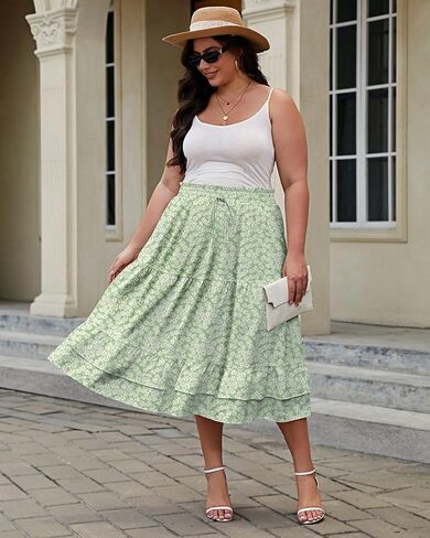 Lousguta Women's Midi Skirt Flowy Flowy Shuper Tier Tier High Flastic Cerct in Kuwait