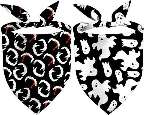 عصابات الهالوين للكلاب، قطعتين، طباعة شبح الخفافيش باللونين الأبيض والأسود، وشاح مثلث للحيوانات الأليفة، نسيج متين ممتاز، مقاس قابل للتعديل (هالوين غوهست والخفافيش، مقاس واحد) in Kuwait