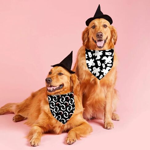 عصابات الهالوين للكلاب، قطعتين، طباعة شبح الخفافيش باللونين الأبيض والأسود، وشاح مثلث للحيوانات الأليفة، نسيج متين ممتاز، مقاس قابل للتعديل (هالوين غوهست والخفافيش، مقاس واحد) in Kuwait