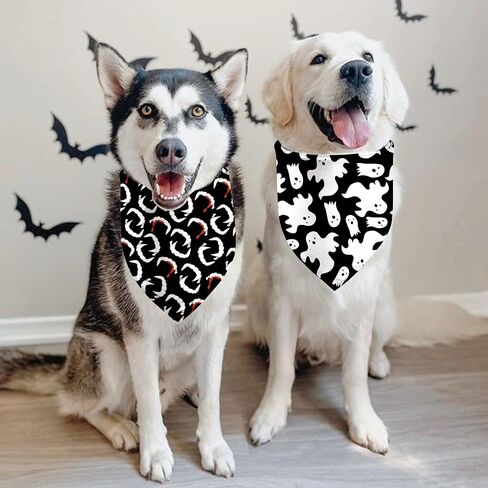 عصابات الهالوين للكلاب، قطعتين، طباعة شبح الخفافيش باللونين الأبيض والأسود، وشاح مثلث للحيوانات الأليفة، نسيج متين ممتاز، مقاس قابل للتعديل (هالوين غوهست والخفافيش، مقاس واحد) in Kuwait
