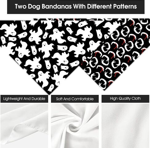 عصابات الهالوين للكلاب، قطعتين، طباعة شبح الخفافيش باللونين الأبيض والأسود، وشاح مثلث للحيوانات الأليفة، نسيج متين ممتاز، مقاس قابل للتعديل (هالوين غوهست والخفافيش، مقاس واحد) in Kuwait