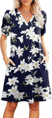V-Neck Summer Casual Sundress for Women- Puff Short Sleeve Swing Beach Dress with Pockets in Saudi Arabia