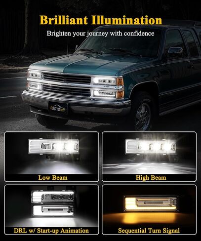 Partsam LED Headlights Assembly DOT Approved with Start Animation DRL Sequential Turn Signal Hi/Low Beam Side Marker Lights Replacement for Silverado C/K 1500/2500/3500 88-98, 6500K 12V IP67 in Saudi Arabia