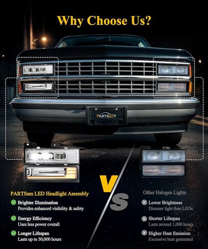 Partsam LED Headlights Assembly DOT Approved with Start Animation DRL Sequential Turn Signal Hi/Low Beam Side Marker Lights Replacement for Silverado C/K 1500/2500/3500 88-98, 6500K 12V IP67 in Saudi Arabia