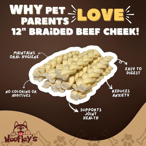 Woofley's 6" Buffalo Beef Cheek Braids Regular - (20 Count)- Beef Cheek Dog Chews - No Hide Bones for Dogs in Kuwait