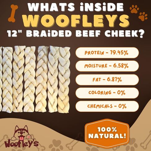 Woofley's 6" Buffalo Beef Cheek Braids Regular - (20 Count)- Beef Cheek Dog Chews - No Hide Bones for Dogs in Kuwait