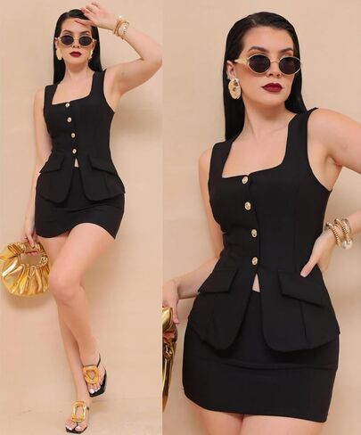Women's Summer 2 Piece Outfit Sleeveless Blazer Vest Mini Skirt Set Elegant Button-Up Suit Matching Workwear in Kuwait