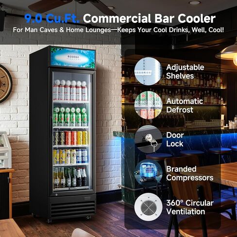 Bodegacooler Beverage Beverage Beverage ، 12.5 Cu. ثلاجة تاجر تجاري سوداء سوداء ، أرفف مصباح LED/قابلة للتعديل ، ثلاجة عرض كبيرة مستقيمة للمطبخ/المكتب/المنزل/المرآب. in Kuwait
