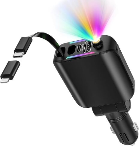 شاحن سيارة مع ضوء النجوم، محول شاحن سيارة USB C بقدرة 66 وات، شاحن سيارة قابل للسحب 4 في 1 مع شاحن هاتف سيارة بمنفذي USB، شاحن سيارة سريع لهاتف iPhone 15/14/13/12/11، متوافق مع Pixel in Saudi Arabia