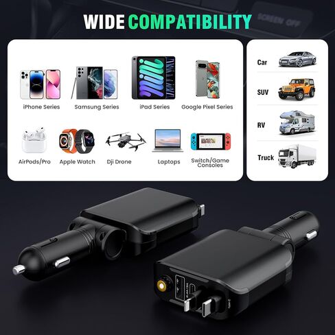 شاحن سيارة مع ضوء النجوم، محول شاحن سيارة USB C بقدرة 66 وات، شاحن سيارة قابل للسحب 4 في 1 مع شاحن هاتف سيارة بمنفذي USB، شاحن سيارة سريع لهاتف iPhone 15/14/13/12/11، متوافق مع Pixel in Saudi Arabia