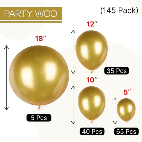 PartyWoo Metallic Gold Balloons 145pcs Chrome Gold Balloons Different Sizes in Kuwait